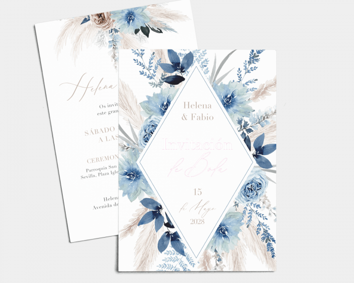 Bloomy Blue - Invitación de boda (vertical)